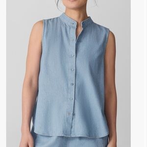 EILEEN FISHER Sleeveless Band Collar Chambray Button Up Top L NWT